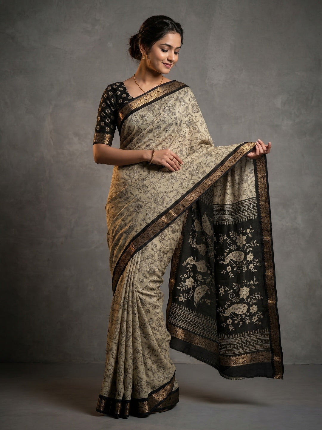 Elegant Beige & Black Viscose Saree with Floral Print and Jacquard Border - Image 1