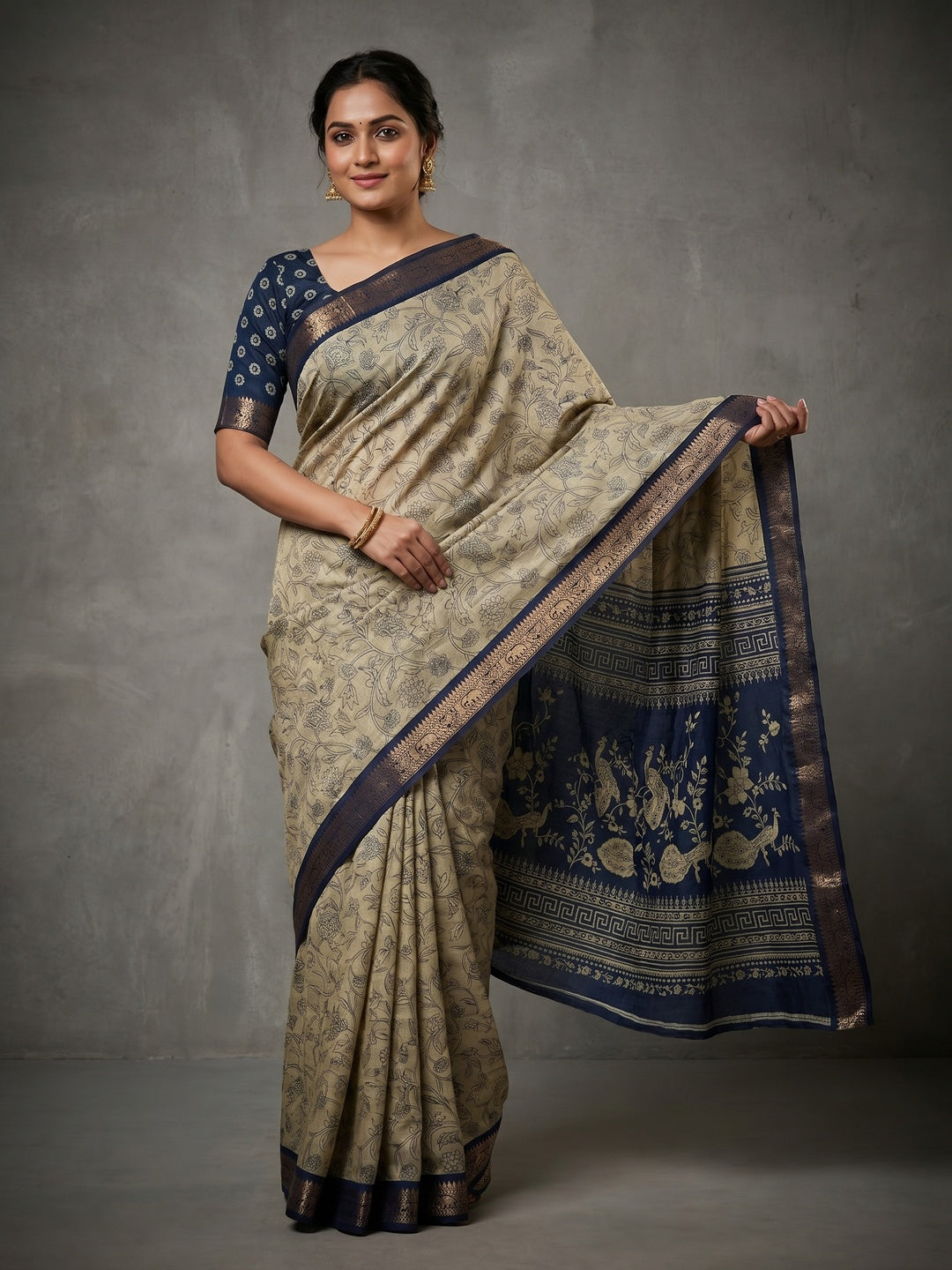 Beige & Navy Blue Viscose Saree with Floral Print and Jacquard Border - Image 1