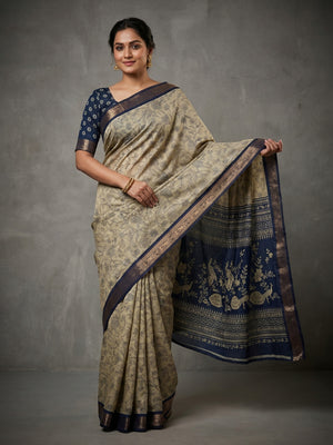 Beige & Navy Blue Viscose Saree with Floral Print and Jacquard Border - Image 1