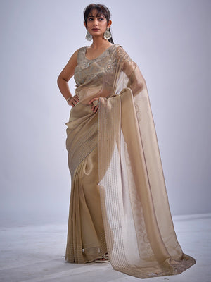 Elegant Beige Kanjivaram Silk Saree Adorned With Stone Work & Cut Dana Detailing - Image 1