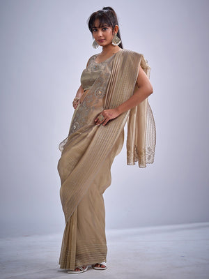 Elegant Beige Kanjivaram Silk Saree Adorned With Stone Work & Cut Dana Detailing - Image 2