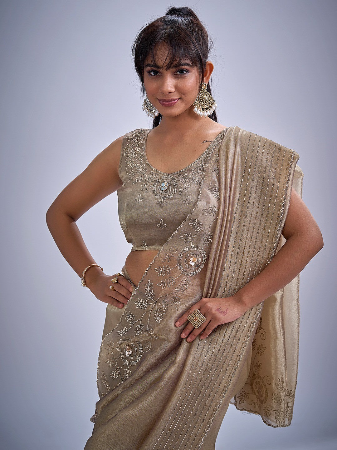 Elegant Beige Kanjivaram Silk Saree Adorned With Stone Work & Cut Dana Detailing - Image 3