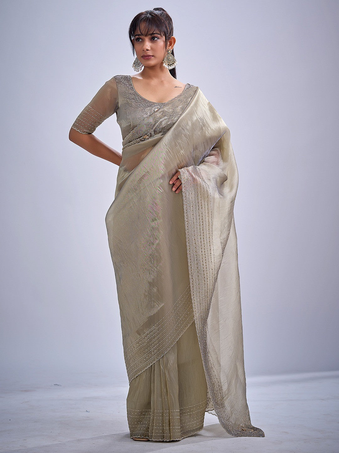 Elegant Grey Kanjivaram Silk Saree Adorned With Stone Work & Cut Dana Detailing - Image 1