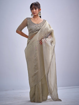 Elegant Grey Kanjivaram Silk Saree Adorned With Stone Work & Cut Dana Detailing - Image 1