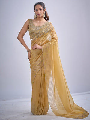 Elegant Golden Mustard Kanjivaram Silk Saree Adorned With Stone Work & Cut Dana Detailing - Image 1