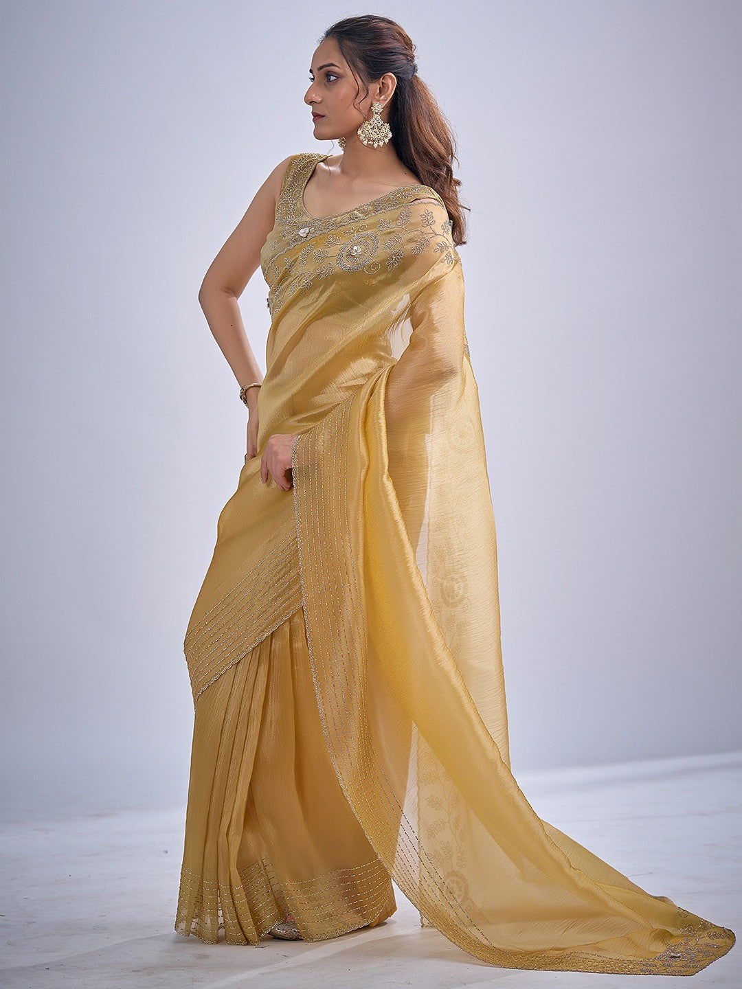 Elegant Golden Mustard Kanjivaram Silk Saree Adorned With Stone Work & Cut Dana Detailing - Image 4