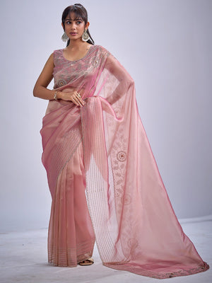 Elegant Pink Kanjivaram Silk Saree Adorned With Stone Work & Cut Dana Detailing - Image 1