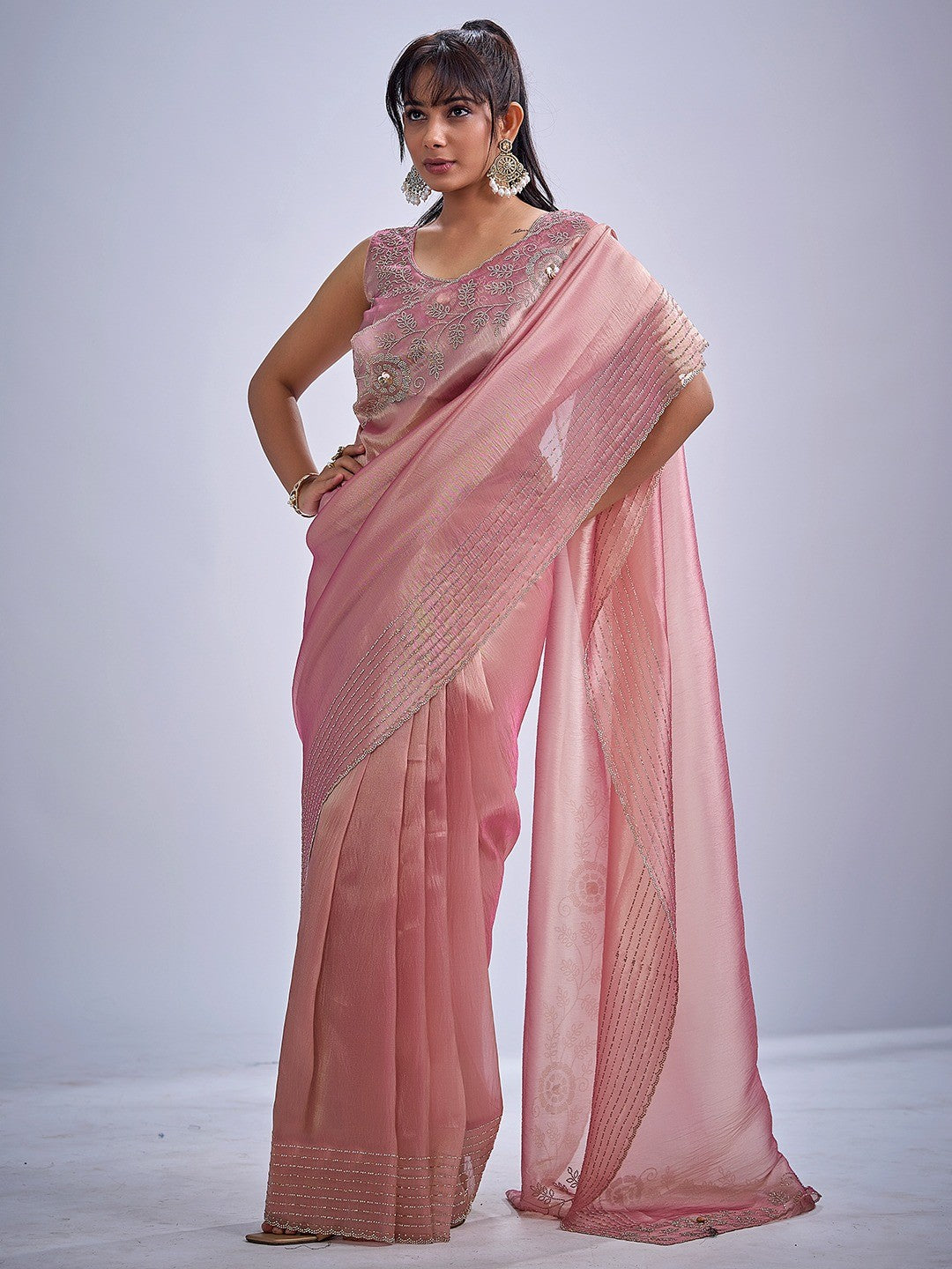 Elegant Pink Kanjivaram Silk Saree Adorned With Stone Work & Cut Dana Detailing - Image 5