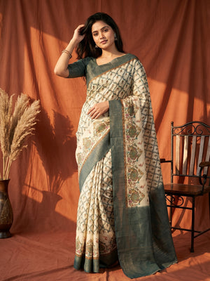 Elegant Offwhite & Blue Pure Cotton Saree with Digital Print and Woven Border - Image 1