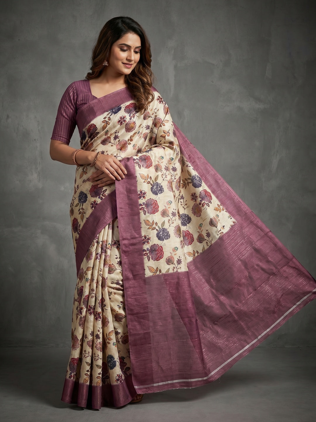 Offwhite & Mauve Floral Digital Print Pure Cotton Saree with Woven Border - Image 1
