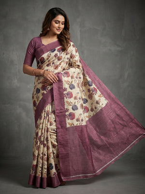 Offwhite & Mauve Floral Digital Print Pure Cotton Saree with Woven Border - Image 1