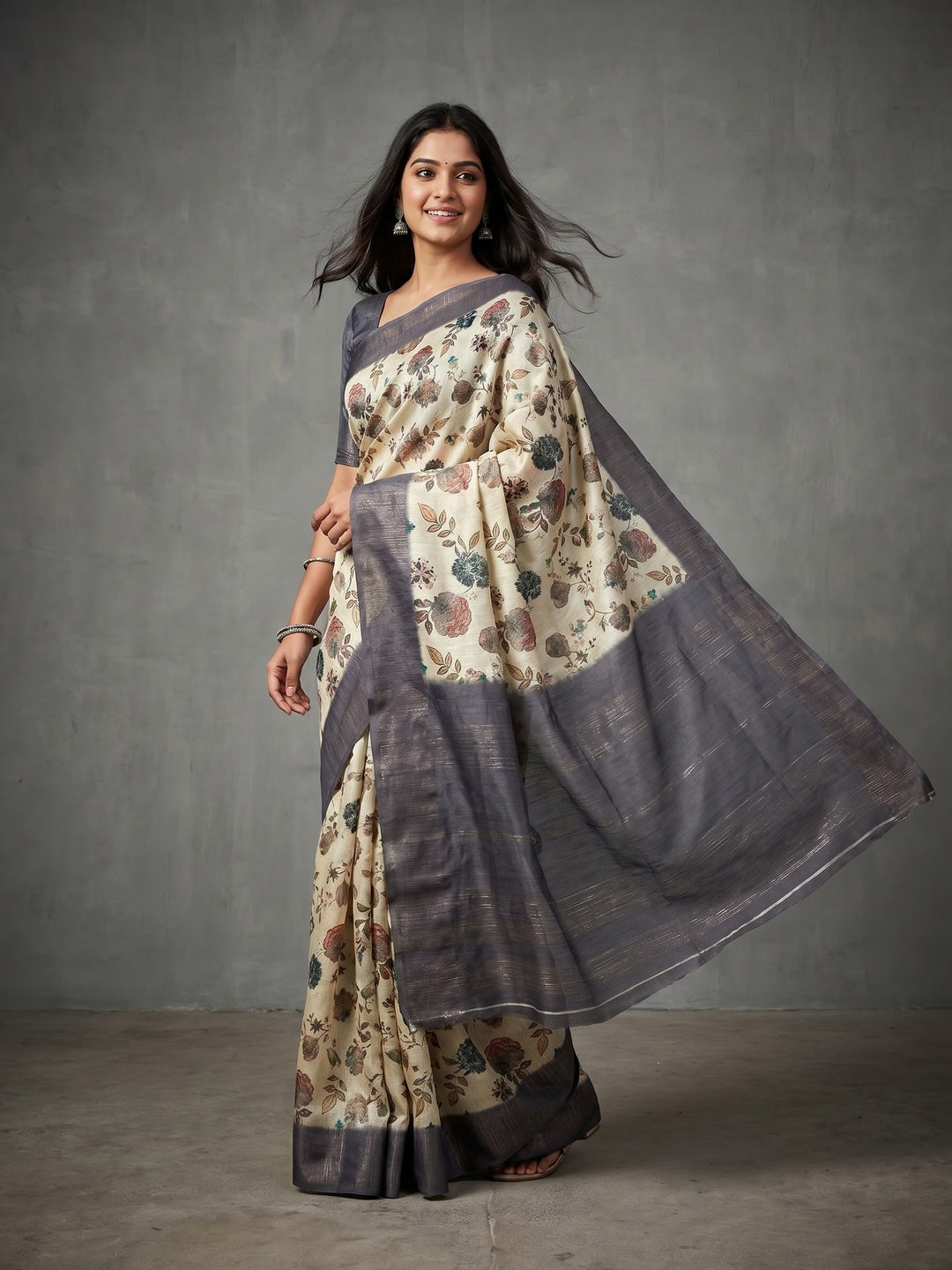 Elegant Offwhite & Grey Floral Digital Print Pure Cotton Saree with Woven Border - Image 1