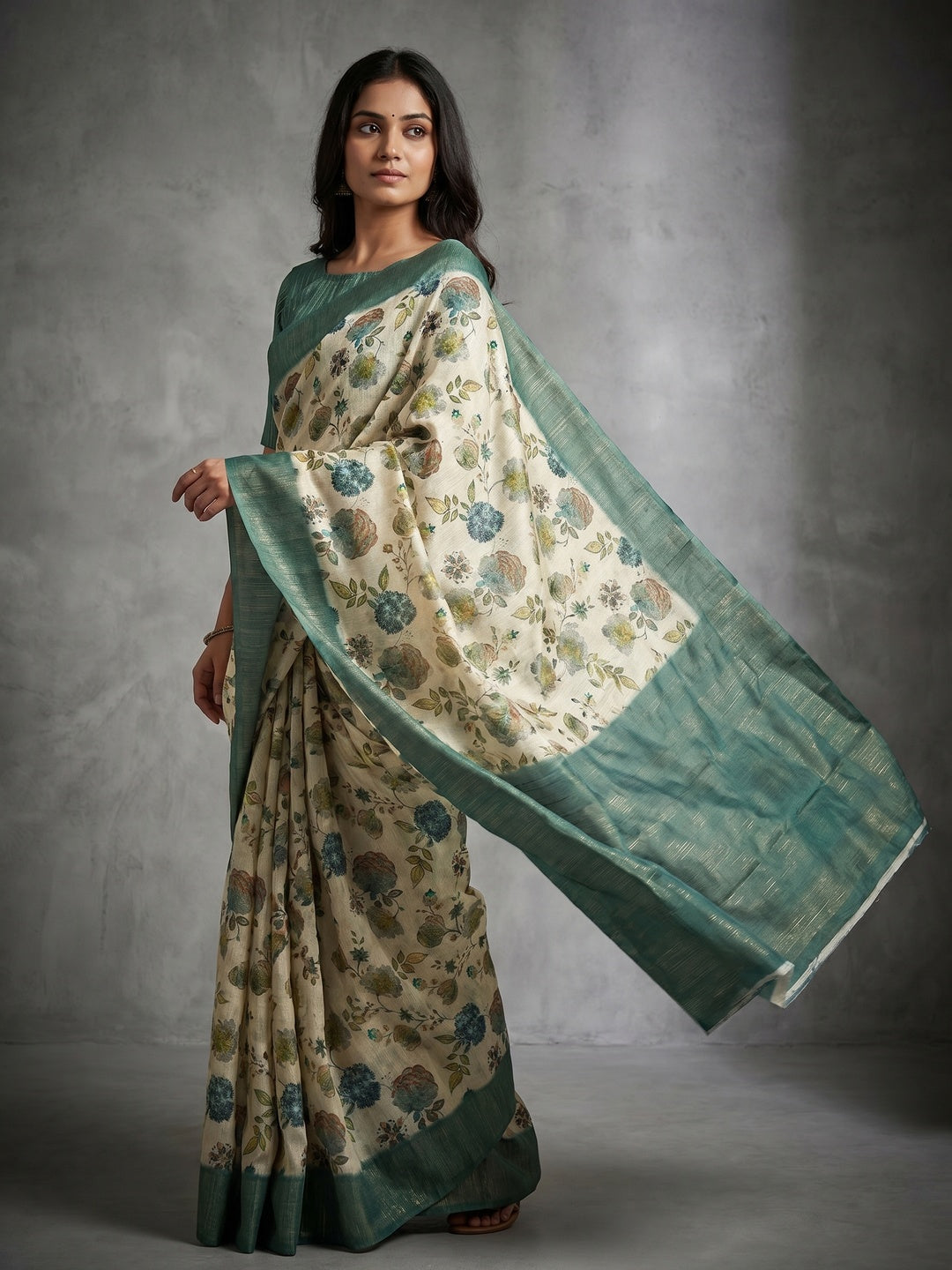 Elegant Floral Printed Pure Cotton Saree in Offwhite & Green with Woven Border - Image 1