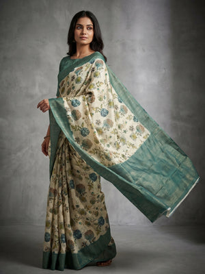 Elegant Floral Printed Pure Cotton Saree in Offwhite & Green with Woven Border - Image 1