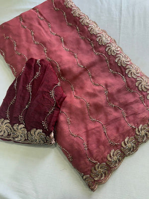 Graceful Gajari Pink Beads Embellished Georgette Saree With Floral Embroidery Detailing - Image 2