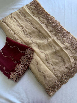 Graceful Cream Beads Embellished Georgette Saree With Floral Embroidery Detailing - Image 2