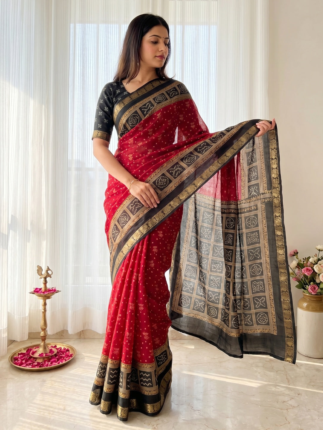 Elegant Red Viscose Bandhani Print Saree with Jacquard Border - Image 1