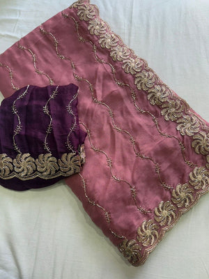 Graceful Onion Pink Beads Embellished Georgette Saree With Floral Embroidery Detailing - Image 2
