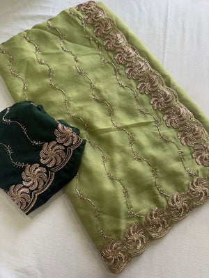 Graceful Green Beads Embellished Georgette Saree With Floral Embroidery Detailing - Image 2