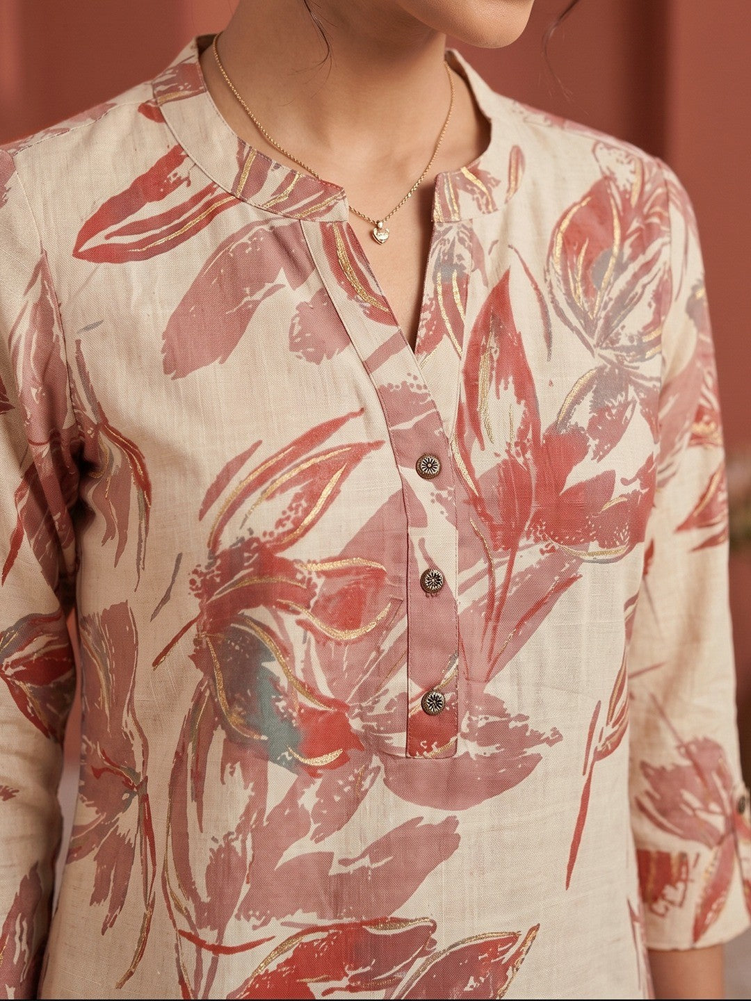 Chic Cream Floral Print Viscose Straight Cut Kurti - Image 4
