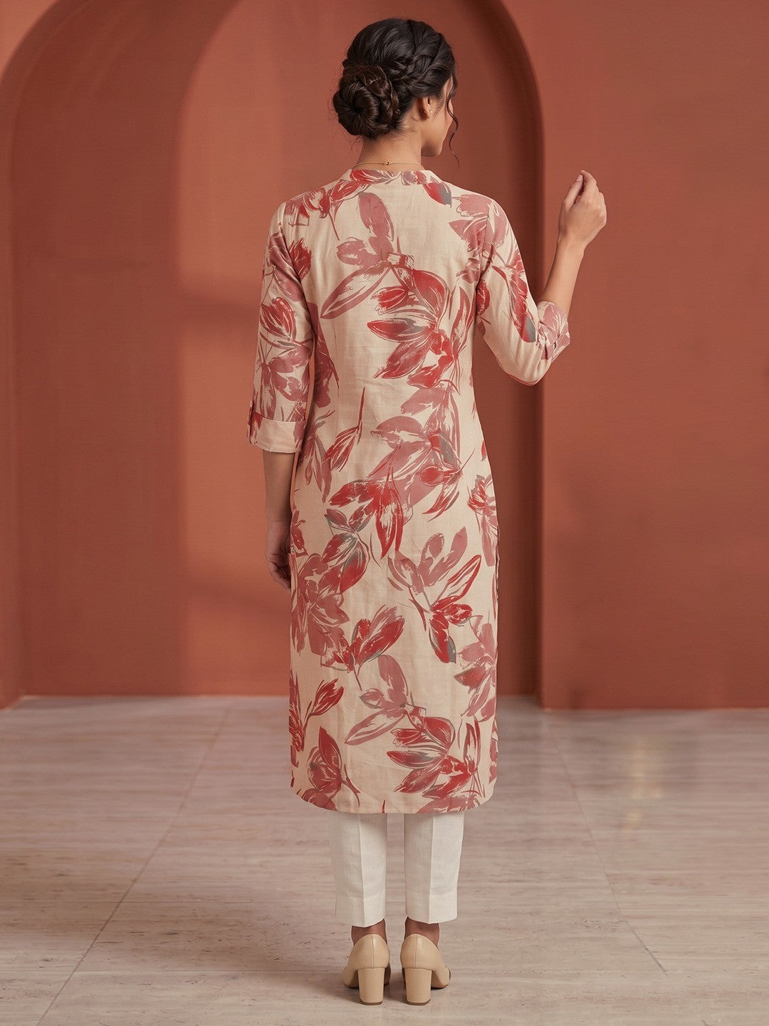 Chic Cream Floral Print Viscose Straight Cut Kurti - Image 2