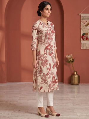 Chic Cream Floral Print Viscose Straight Cut Kurti - Image 2