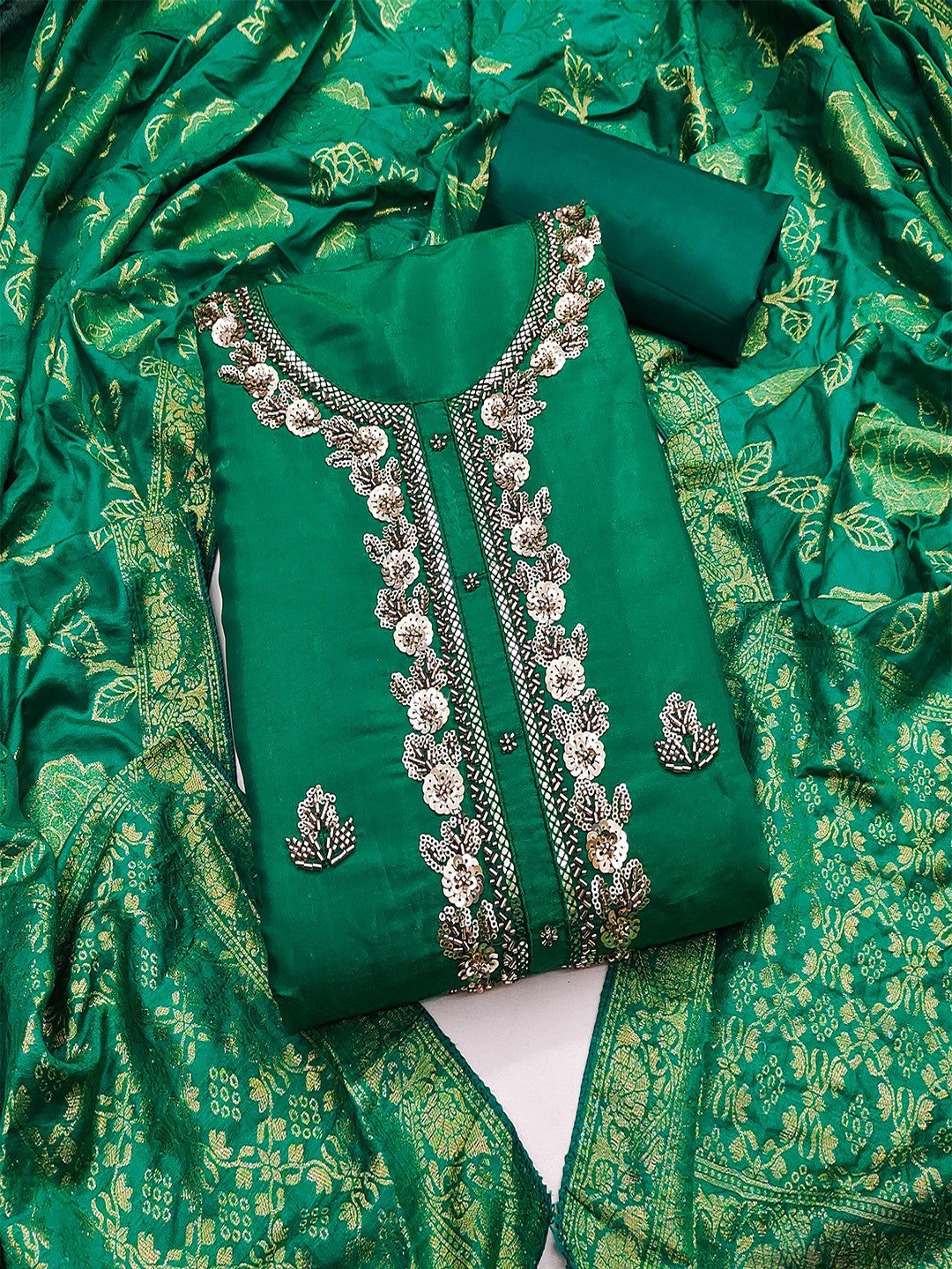 Elegant Rama Green Shimmer Unstitched Dress Material with Floral Dupatta - Image 1