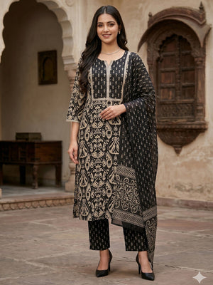 Designer Black Cotton Kurta Set with Ikkat Print Graceful Traditional Look - Image 1