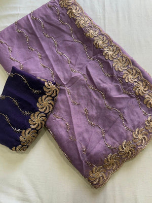 Graceful Lavender Beads Embellished Georgette Saree With Floral Embroidery Detailing - Image 2
