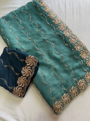 Graceful Turquoise Beads Embellished Georgette Saree With Floral Embroidery Detailing - Image 2