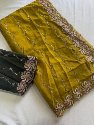Graceful Dark Mustard Beads Embellished Georgette Saree With Floral Embroidery Detailing - Image 2