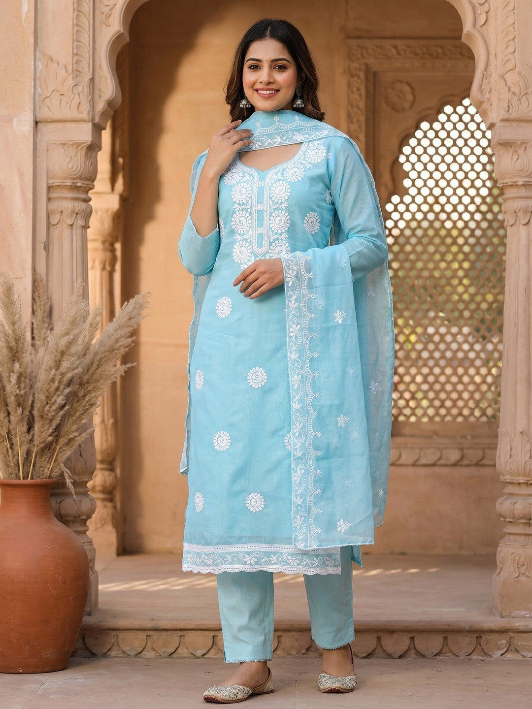 Charming Blue Floral Thread Embroidered Work Chanderi Cotton Dress Material - Image 1