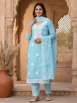 Charming Blue Floral Thread Embroidered Work Chanderi Cotton Dress Material - Image 2