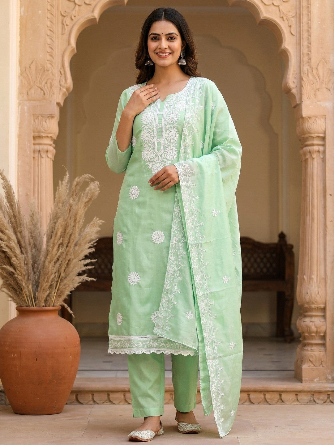 Charming Green Floral Thread Embroidered Work Chanderi Cotton Dress Material - Image 2