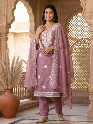Charming Mauve Floral Thread Embroidered Work Chanderi Cotton Dress Material - Image 2
