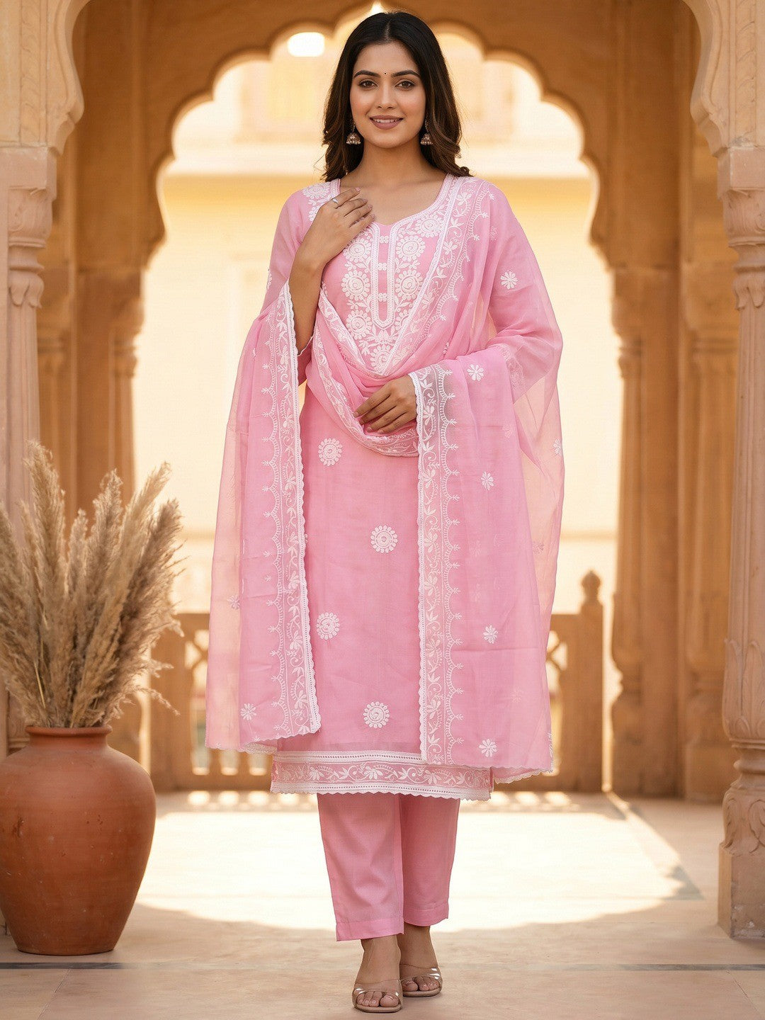 Charming Pink Floral Thread Embroidered Work Chanderi Cotton Dress Material - Image 2