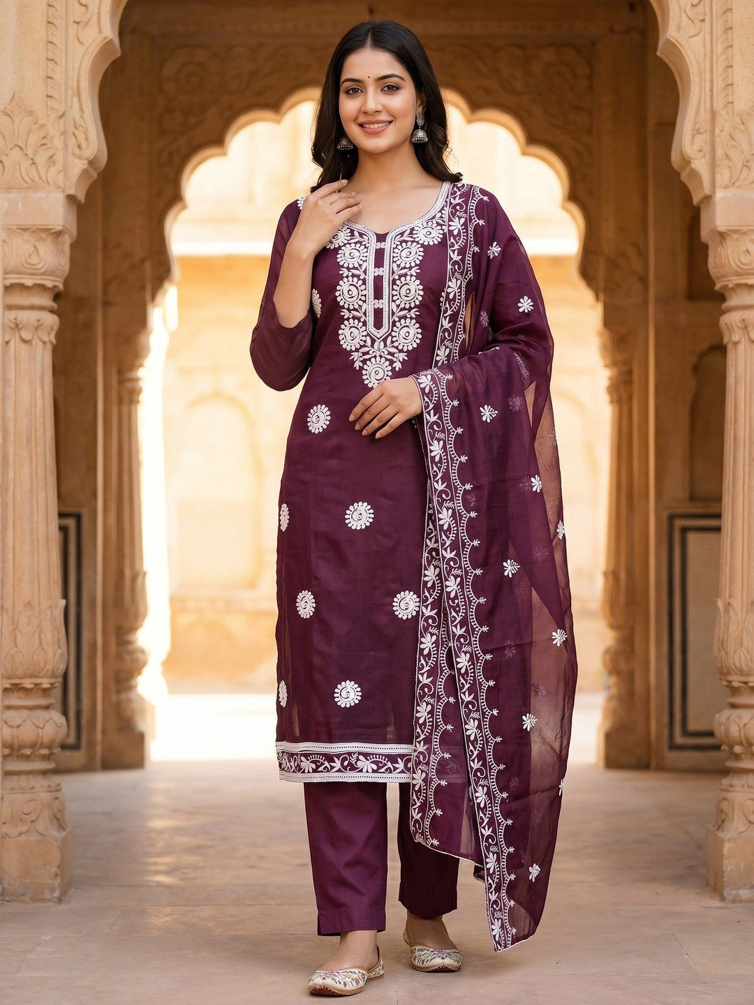 Charming Wine Floral Thread Embroidered Work Chanderi Cotton Dress Material - Image 2