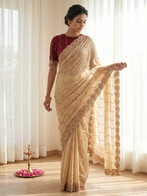 Graceful Cream Beads Embellished Georgette Saree With Floral Embroidery Detailing - Image 1