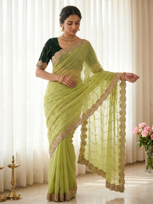 Graceful Green Beads Embellished Georgette Saree With Floral Embroidery Detailing - Image 1