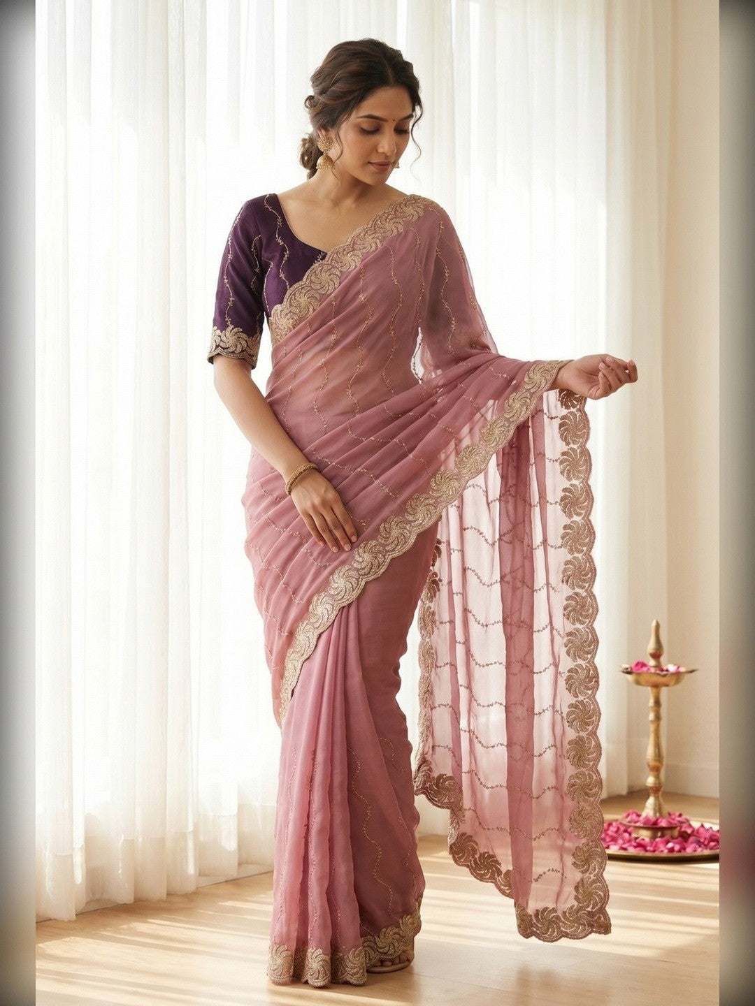 Graceful Onion Pink Beads Embellished Georgette Saree With Floral Embroidery Detailing - Image 1