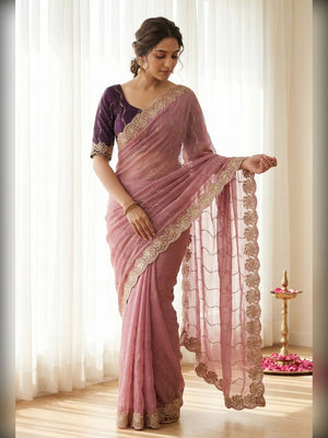Graceful Onion Pink Beads Embellished Georgette Saree With Floral Embroidery Detailing - Image 1