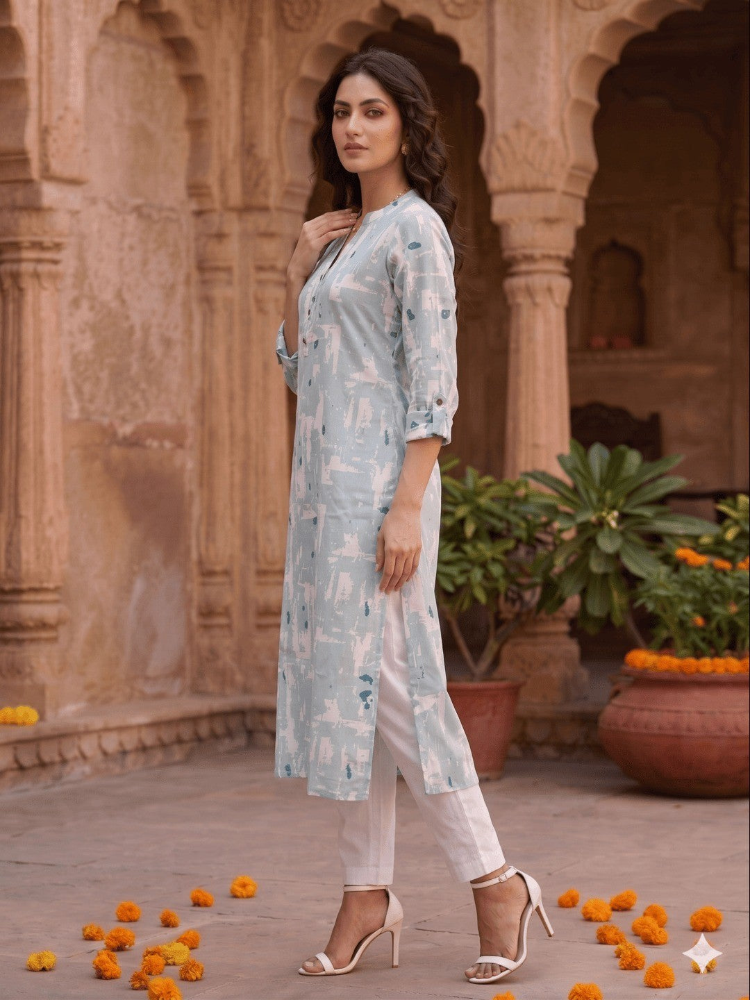 Chic Powder Blue Floral Printed Straight Cut Pure Cotton Kurti - Image 3