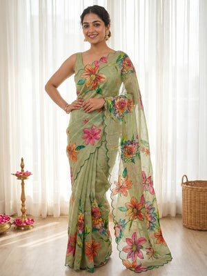Stunning Green Floral Digital Printed Linen Silk Saree With Intricate Moti Khatli Embroidered Work - Image 1