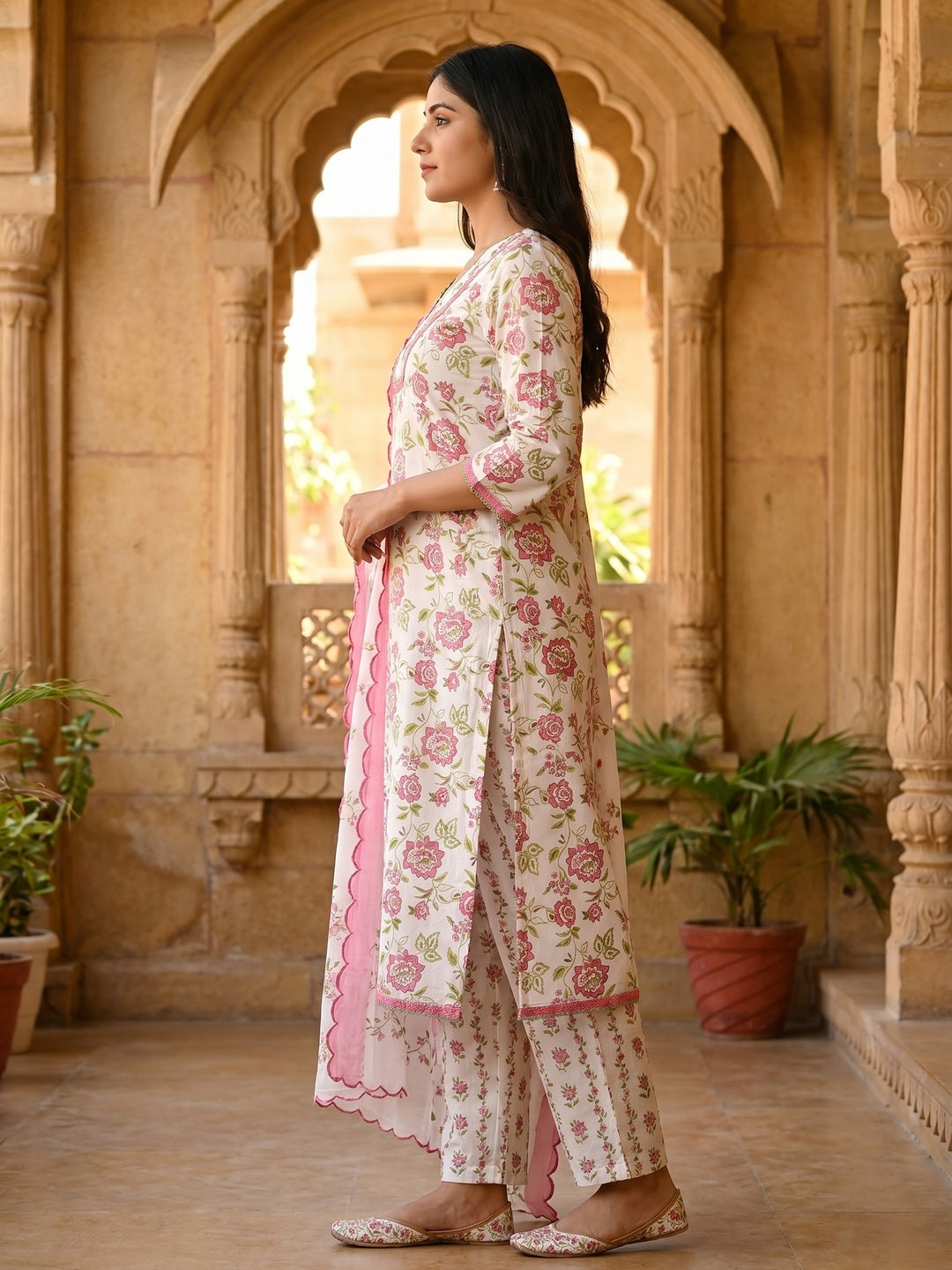 White Floral Printed Pure Cotton Salwar Suit Set Breezy Comfortable Style - Image 3