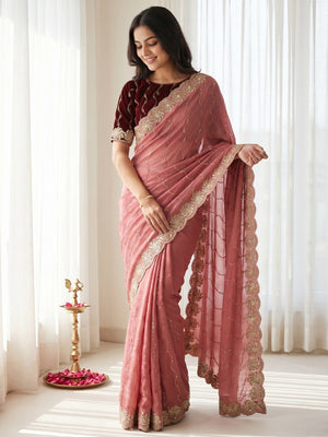Graceful Gajari Pink Beads Embellished Georgette Saree With Floral Embroidery Detailing - Image 1
