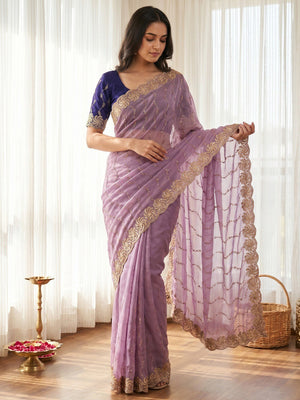 Graceful Lavender Beads Embellished Georgette Saree With Floral Embroidery Detailing - Image 1