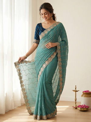 Graceful Turquoise Beads Embellished Georgette Saree With Floral Embroidery Detailing - Image 1