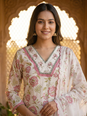 White Floral Printed Pure Cotton Salwar Suit Set Breezy Comfortable Style - Image 2