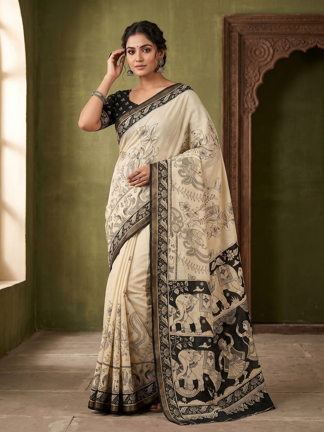 Cream Mulmul Cotton Saree with Traditional Kalamkari Print - Image 1