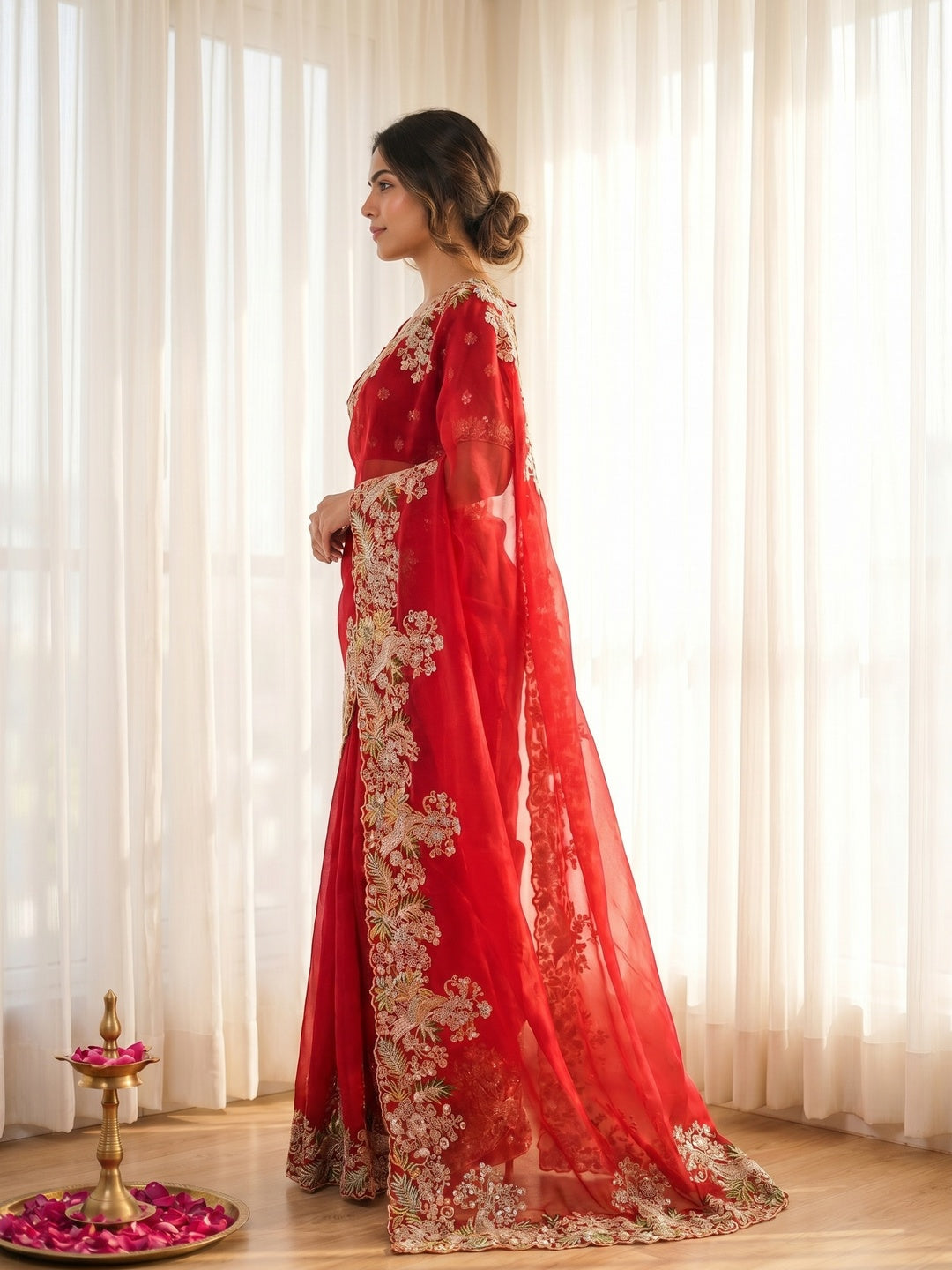 Graceful Red Bird & Floral Motif Jimmy Choo Satin Silk Saree Adorned With Cording Sequins Embroidery - Image 7